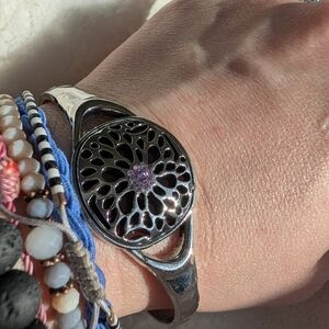 Mandala Floral Cuff Bracelet Silver Tone Openwork Boho Yoga Style Purple Stone